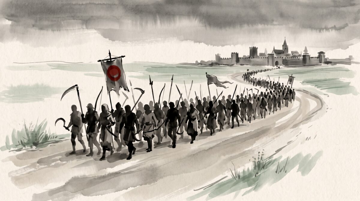 Ink-wash painting of a great medieval peasant host marching on a walled city during the 1381 Peasants' Revolt