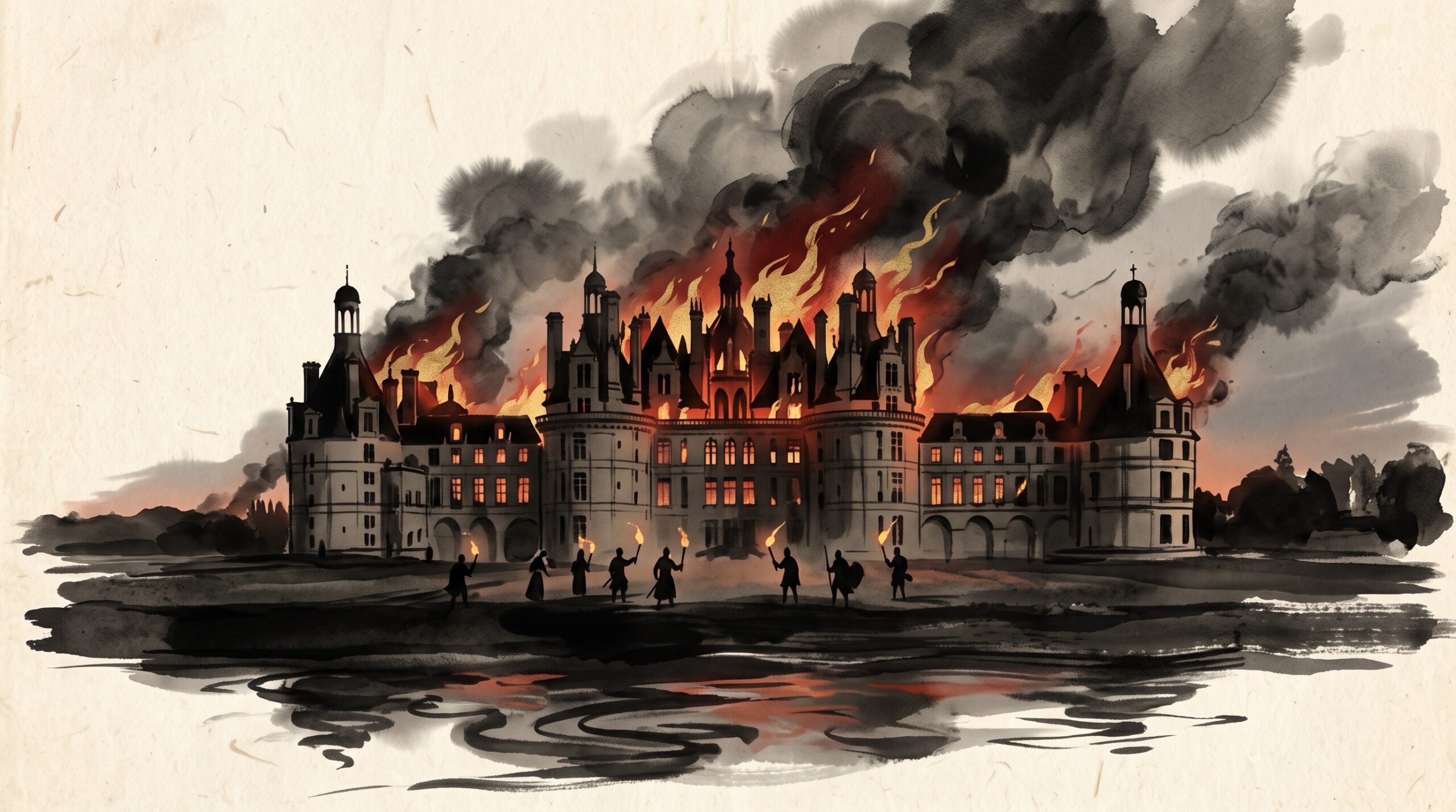 Ink-wash painting of the Savoy Palace burning during the 1381 revolt