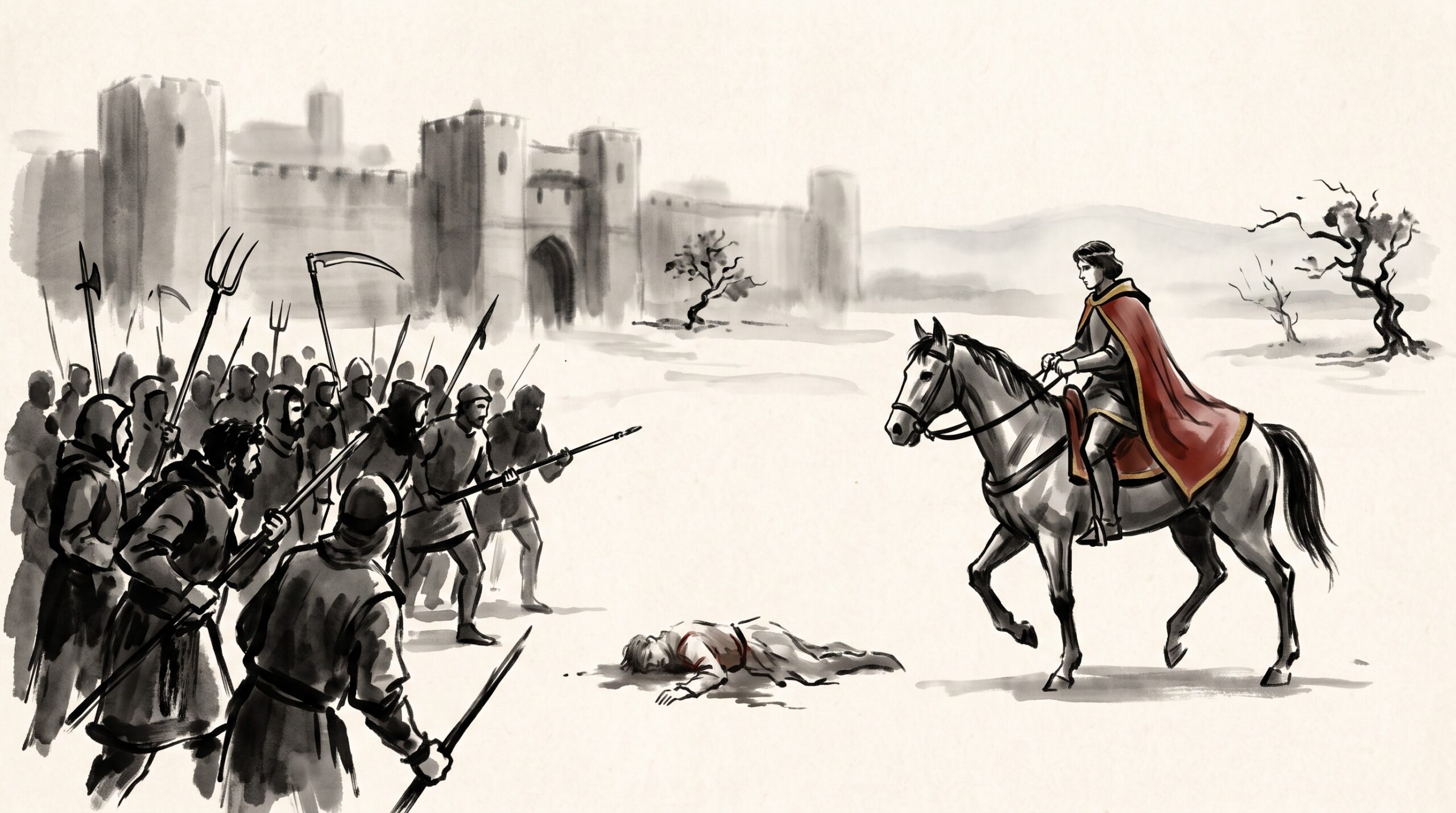 Ink-wash painting of the young Richard II confronting the rebels at Smithfield in 1381