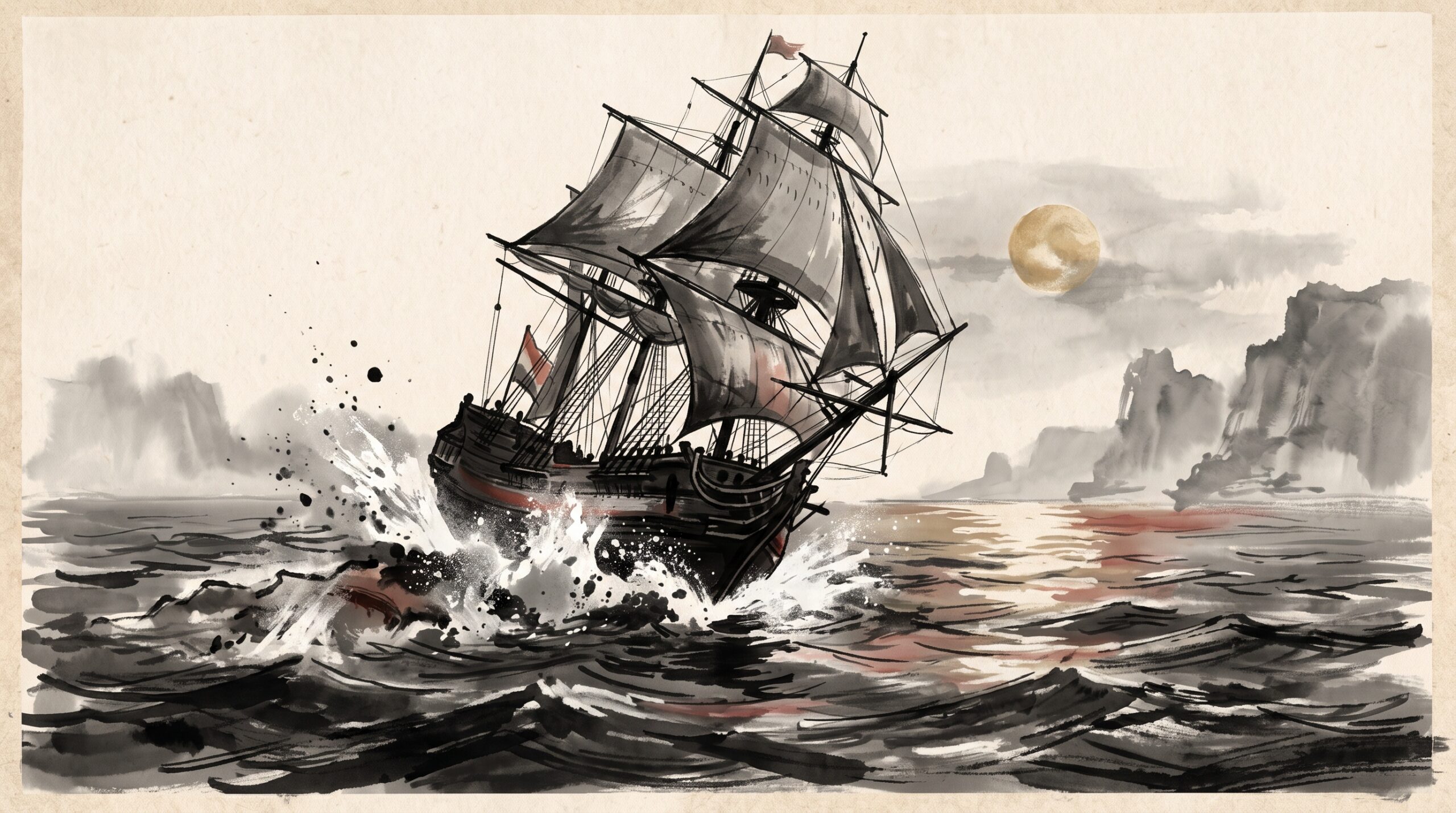 A 17th-century Dutch sailing ship striking a coral reef by moonlight