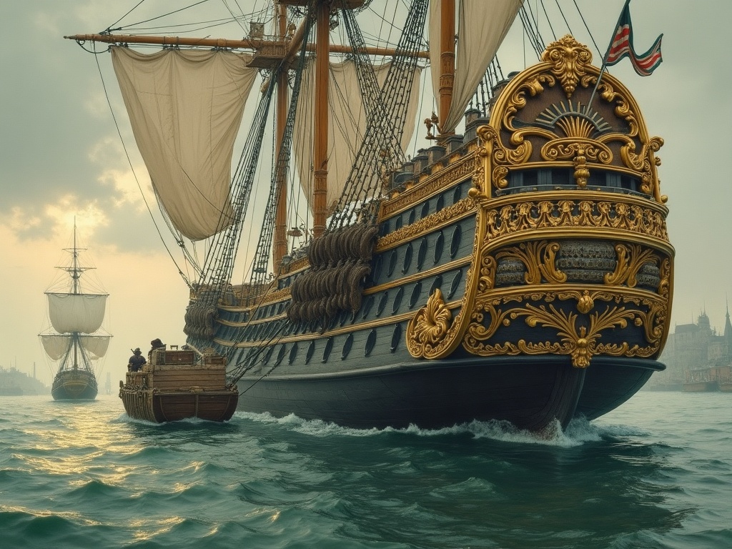 A gilded Dutch flagship loading cargo in harbour before its maiden voyage