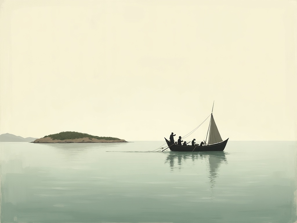 A crowded open longboat rowing away from barren islands across an empty sea