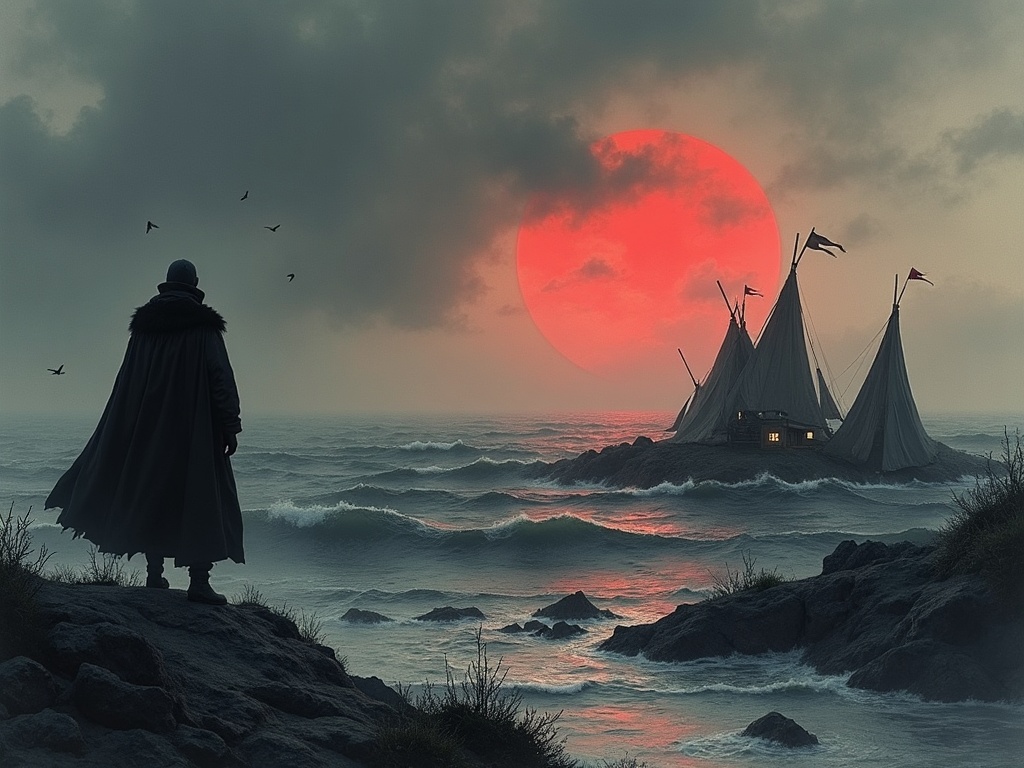 A menacing figure watching over a bleak island camp of sailcloth tents at dusk