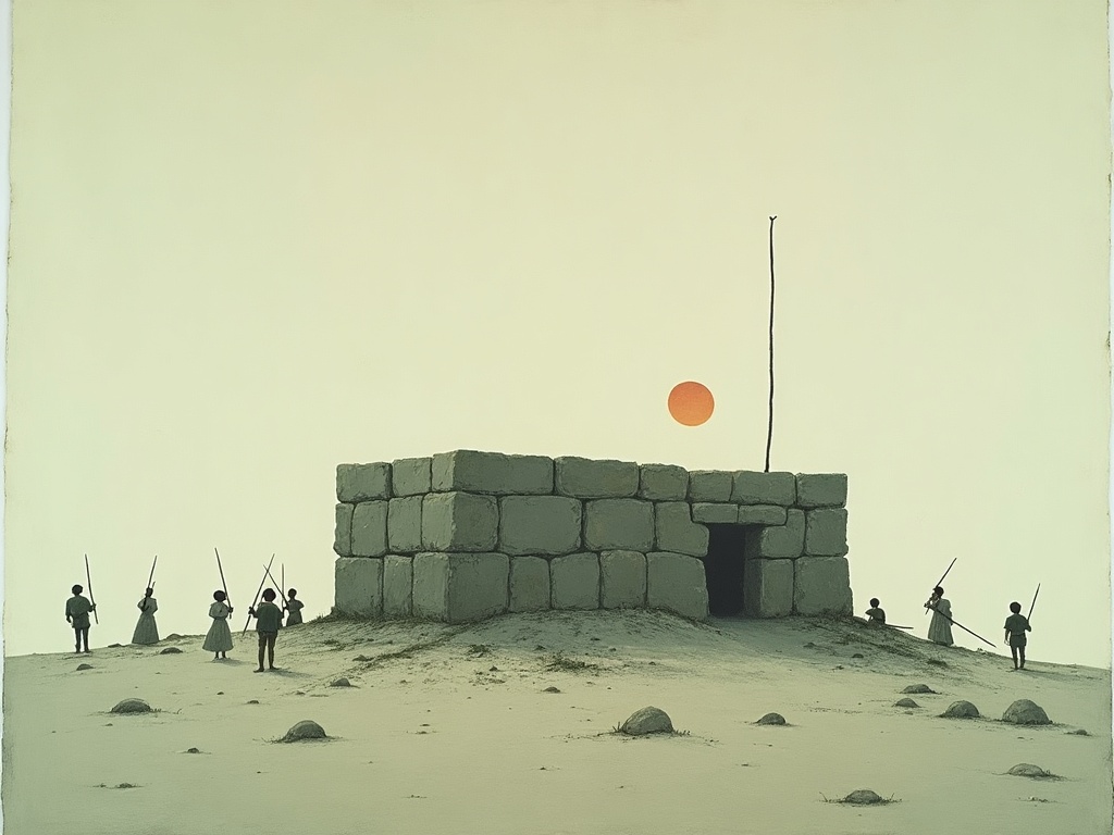 Ragged defenders standing behind a small stacked-stone fort on a barren island