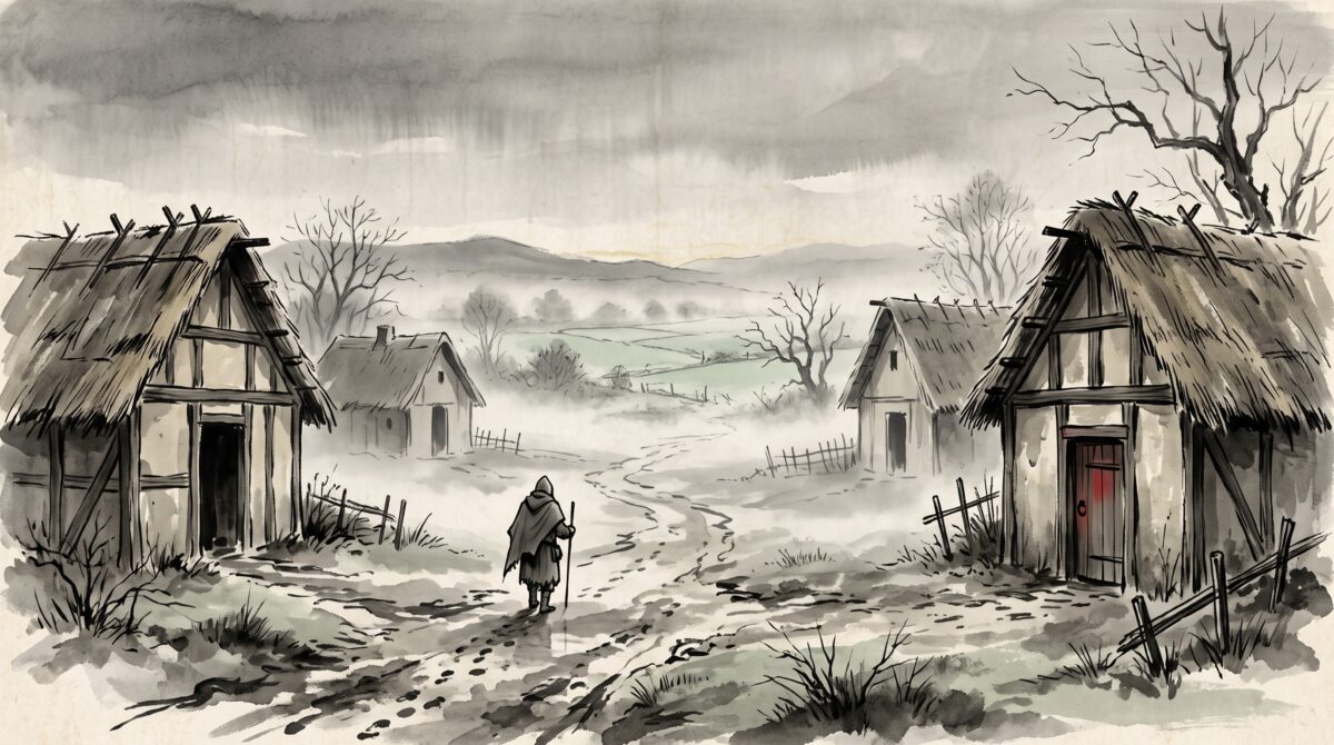 Ink-wash painting of a half-empty medieval village with empty cottages and untended fields under a grey sky