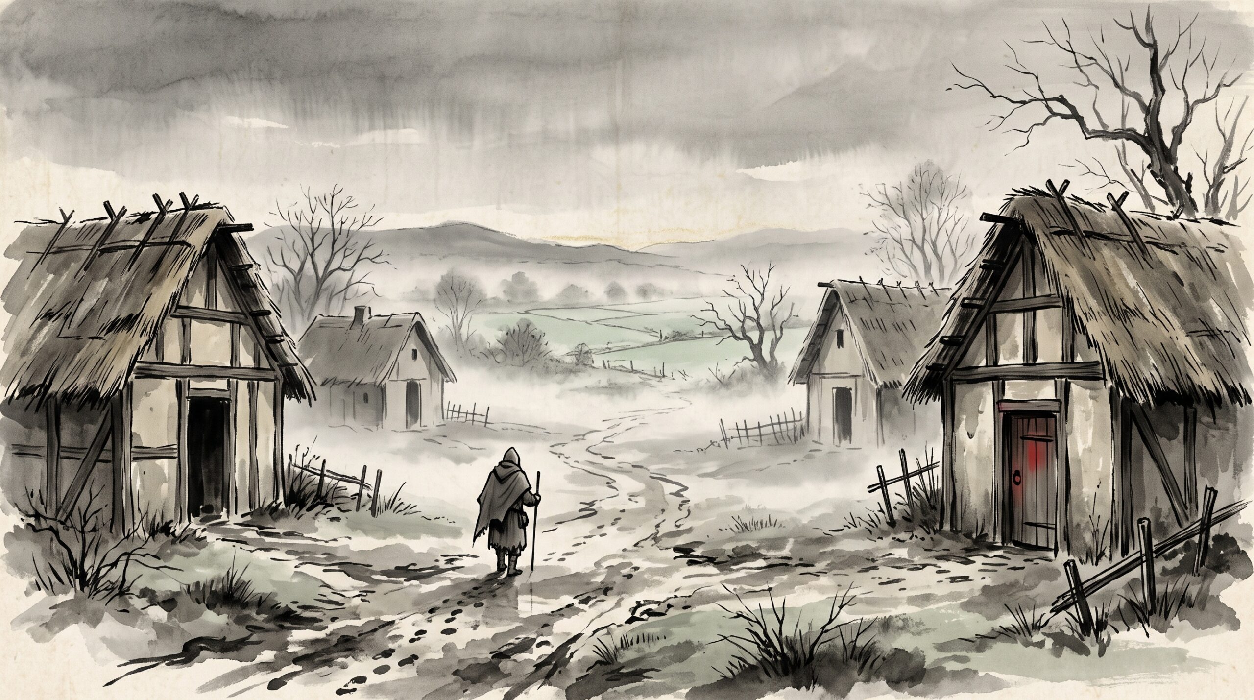 Ink-wash painting of a half-empty medieval village with empty cottages and untended fields under a grey sky