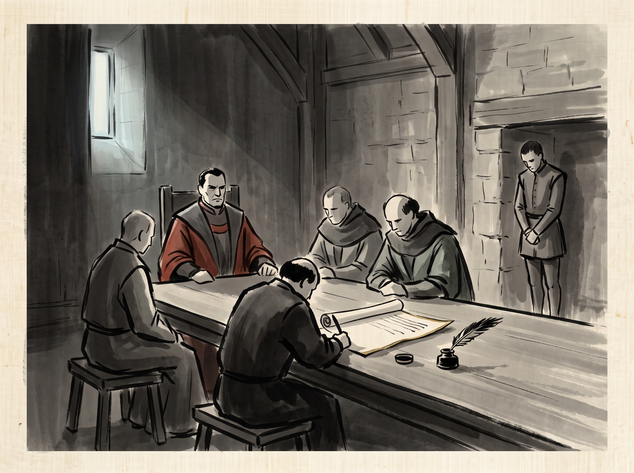 Ink-wash of stern lords and clerks drafting a parchment document in a manor hall