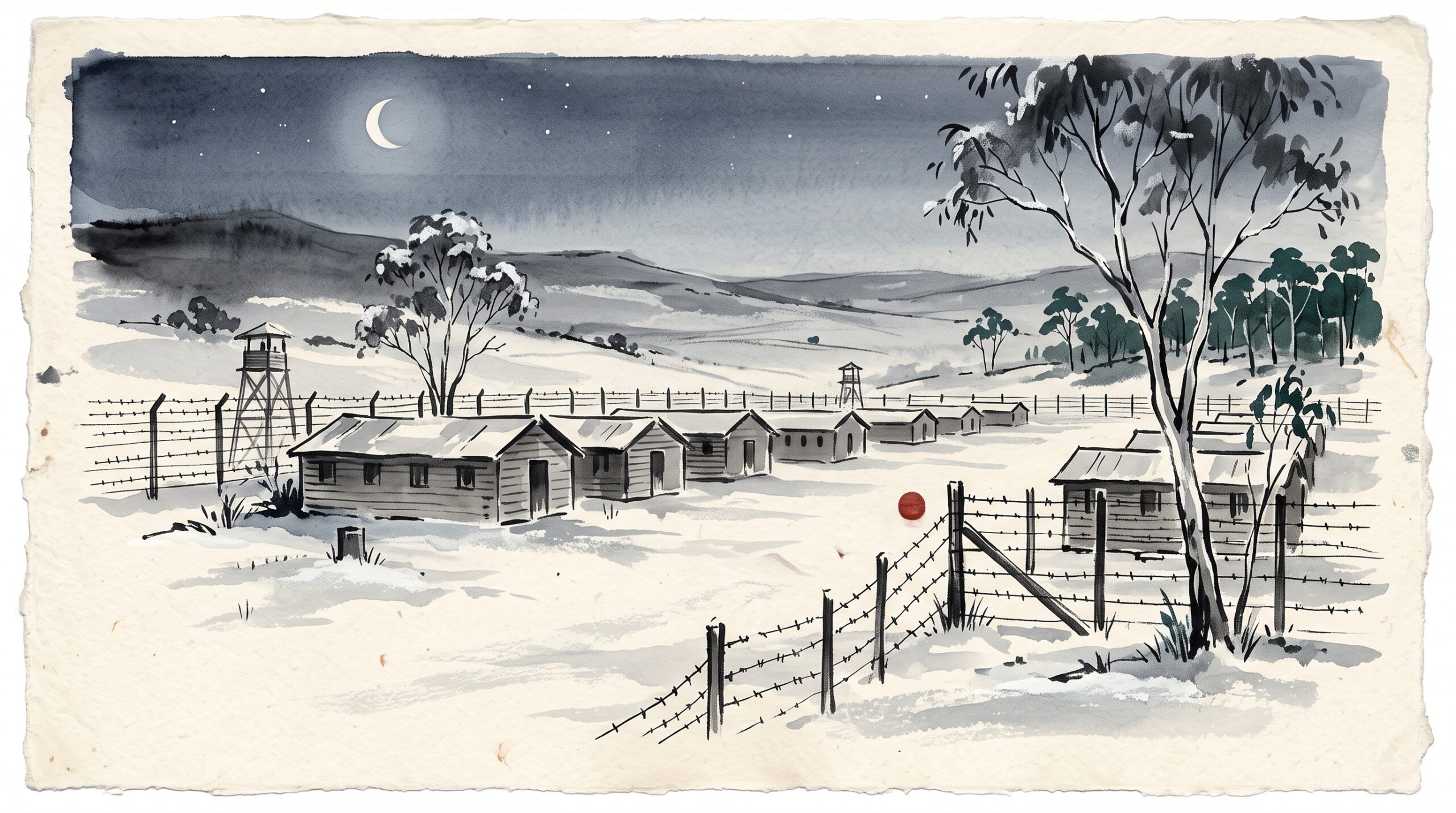 A frost-covered prisoner-of-war camp before dawn under a pale winter moon