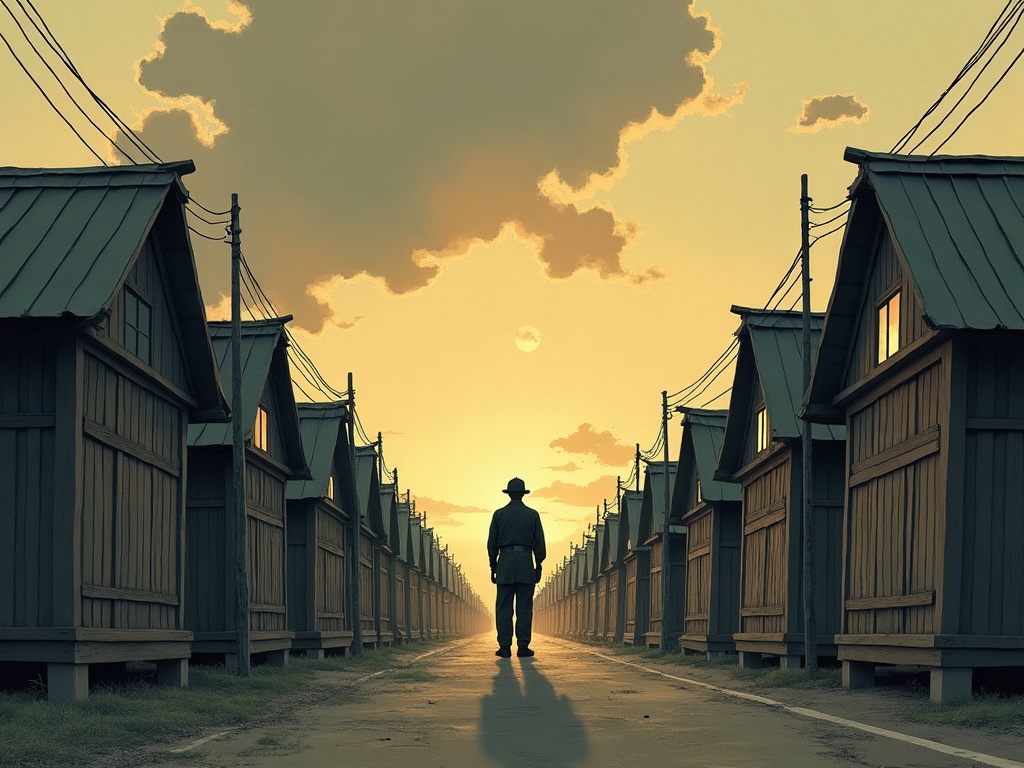 Rows of camp huts inside wire at dusk with a distant bugler silhouette