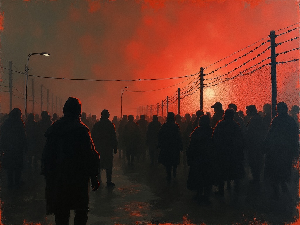 Shadowy figures surging toward a wire fence under a lone searchlight beam