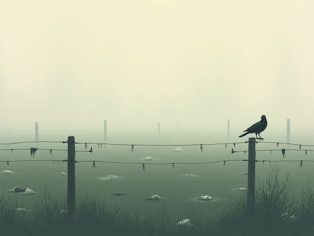 The still aftermath at dawn - blankets on cut wire, frost, and a single crow
