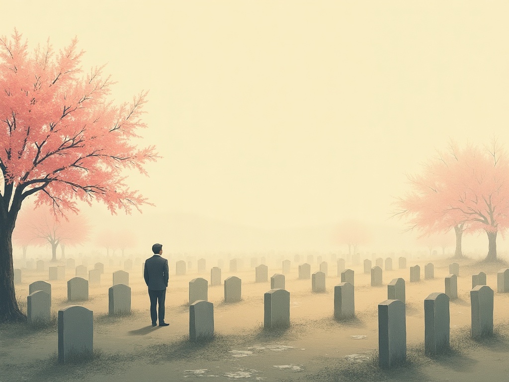 A peaceful war cemetery with headstones, raked gravel, and a cherry branch at dawn