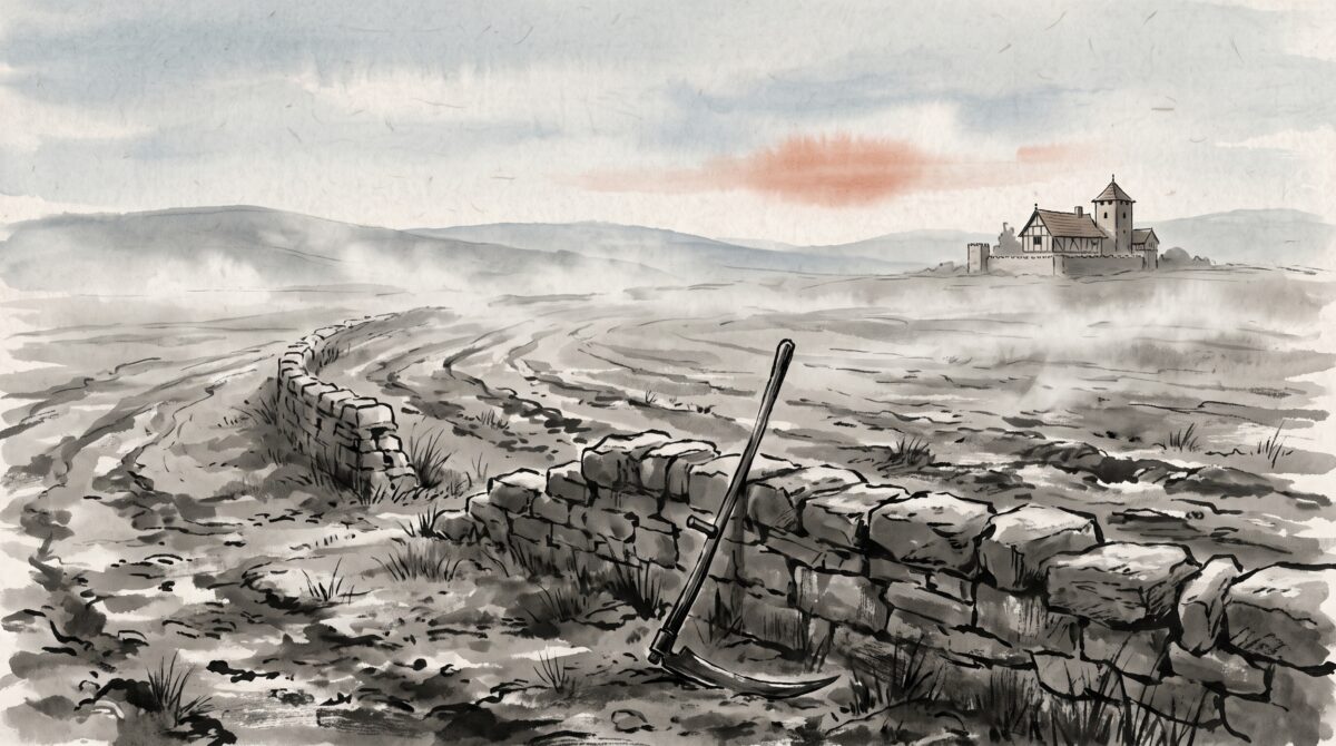 Ink-wash painting of an empty medieval English field at dawn with an abandoned scythe, evoking the aftermath of the 1381 revolt