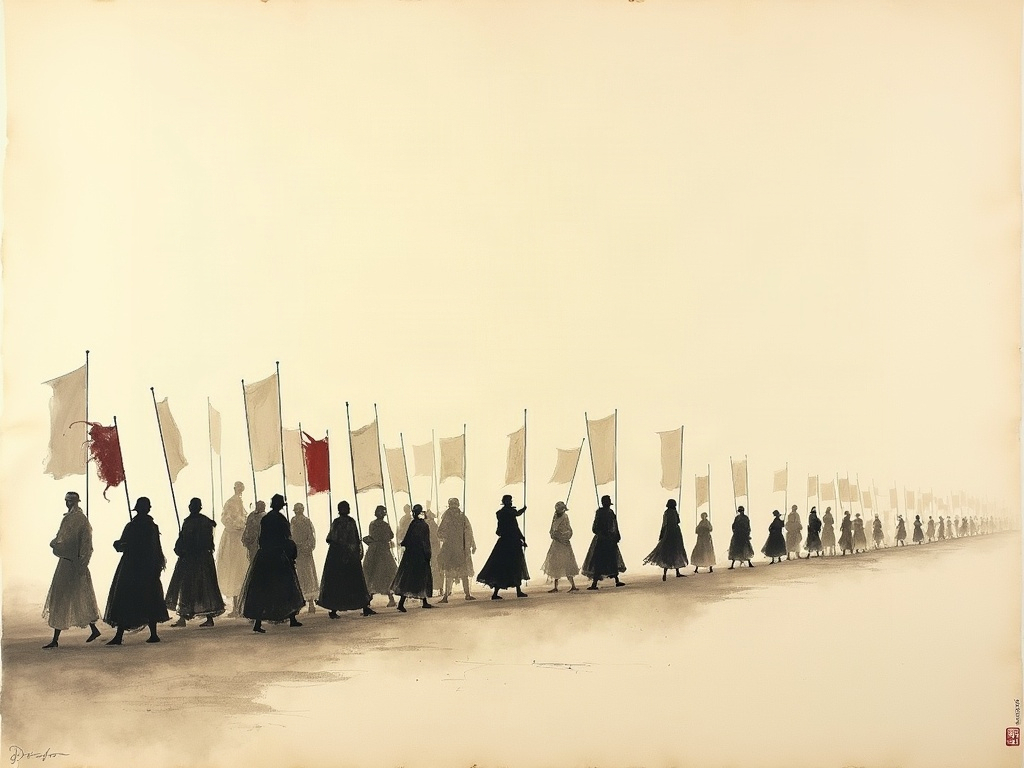 Ink-wash painting of marching figures across centuries, symbolising the long afterlife of the Peasants' Revolt in English protest