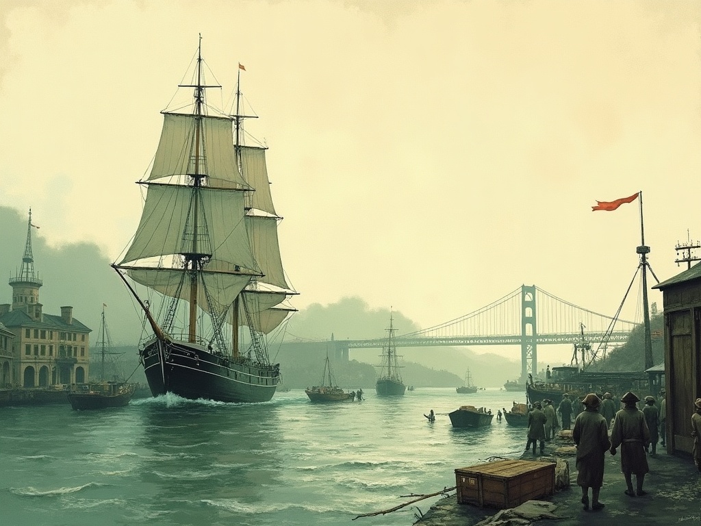 A clipper ship arriving in San Francisco harbour in the gold-rush era