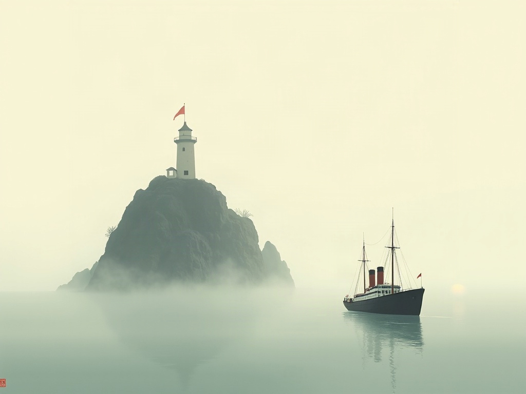 Ink-wash of a small steamship nearing a silent island lighthouse at dawn