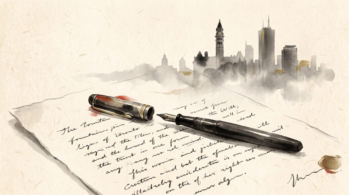 A fountain pen resting on a formal will document with a faint 1920s city skyline washed in behind it