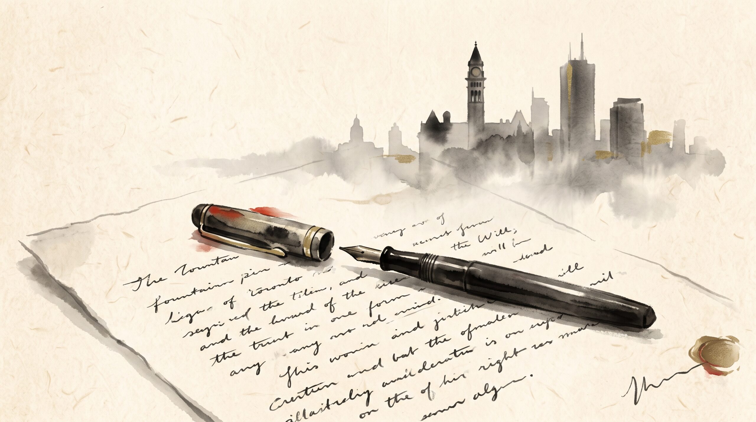 A fountain pen resting on a formal will document with a faint 1920s city skyline washed in behind it