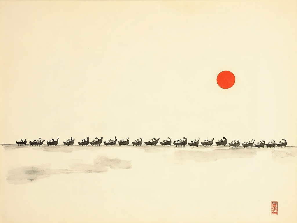 Rows of stylized cradles suggesting a great many babies, painted in soft ink washes