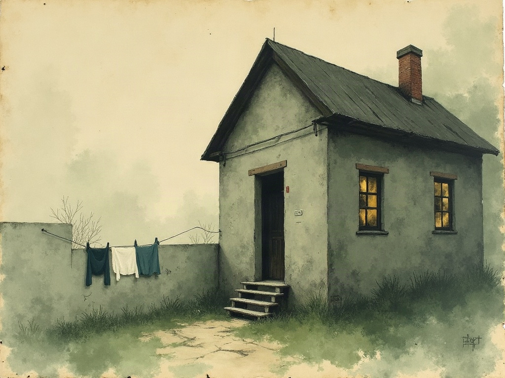 A worn Depression-era row house with laundry strung across the yard, painted in muted washes