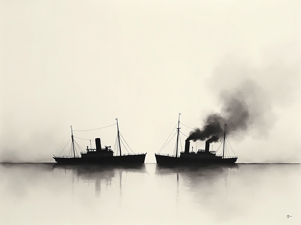 Two ships nearly touching in a narrow channel as fire begins on one bow