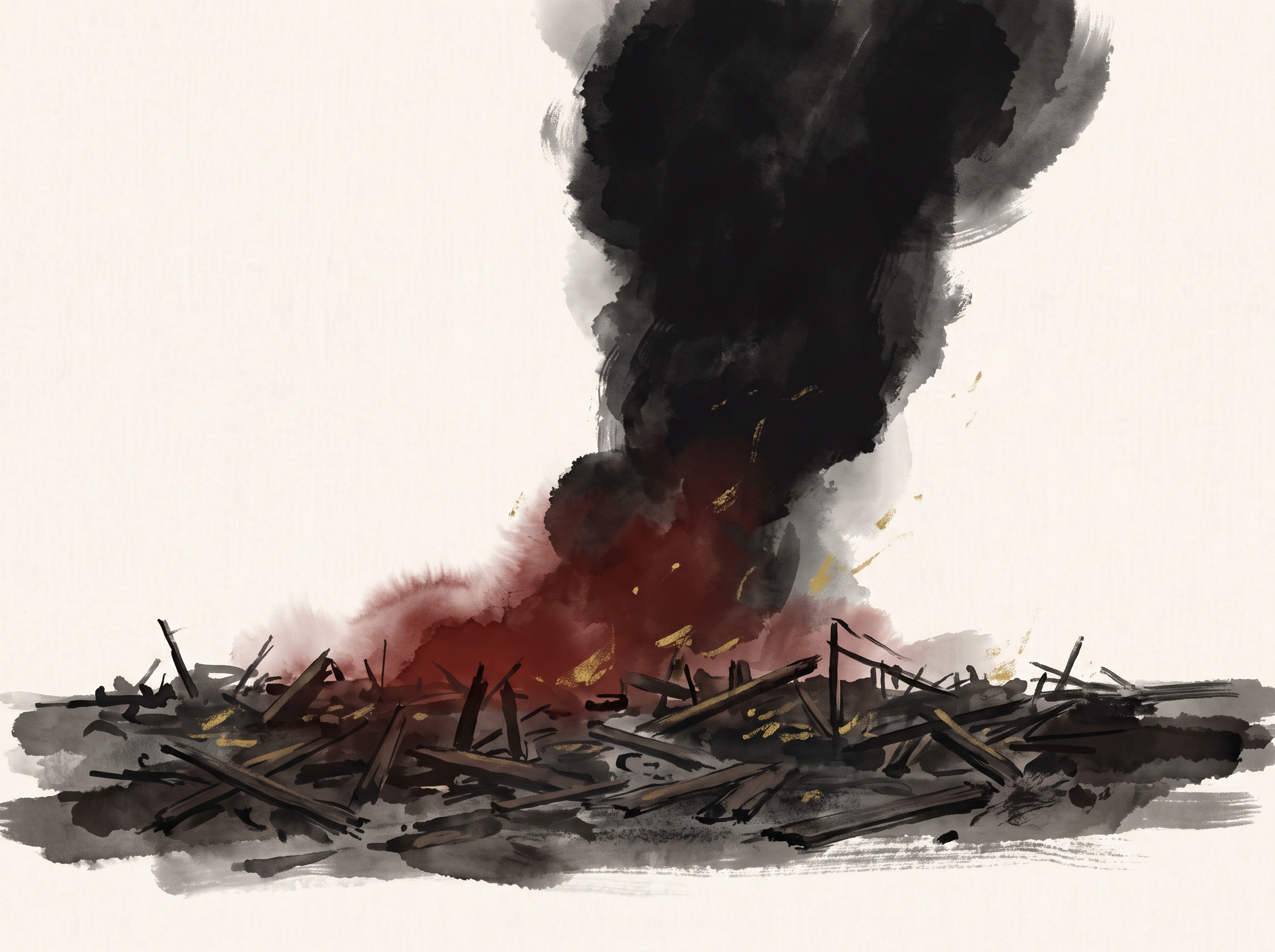 A flattened city district beneath a towering column of black smoke