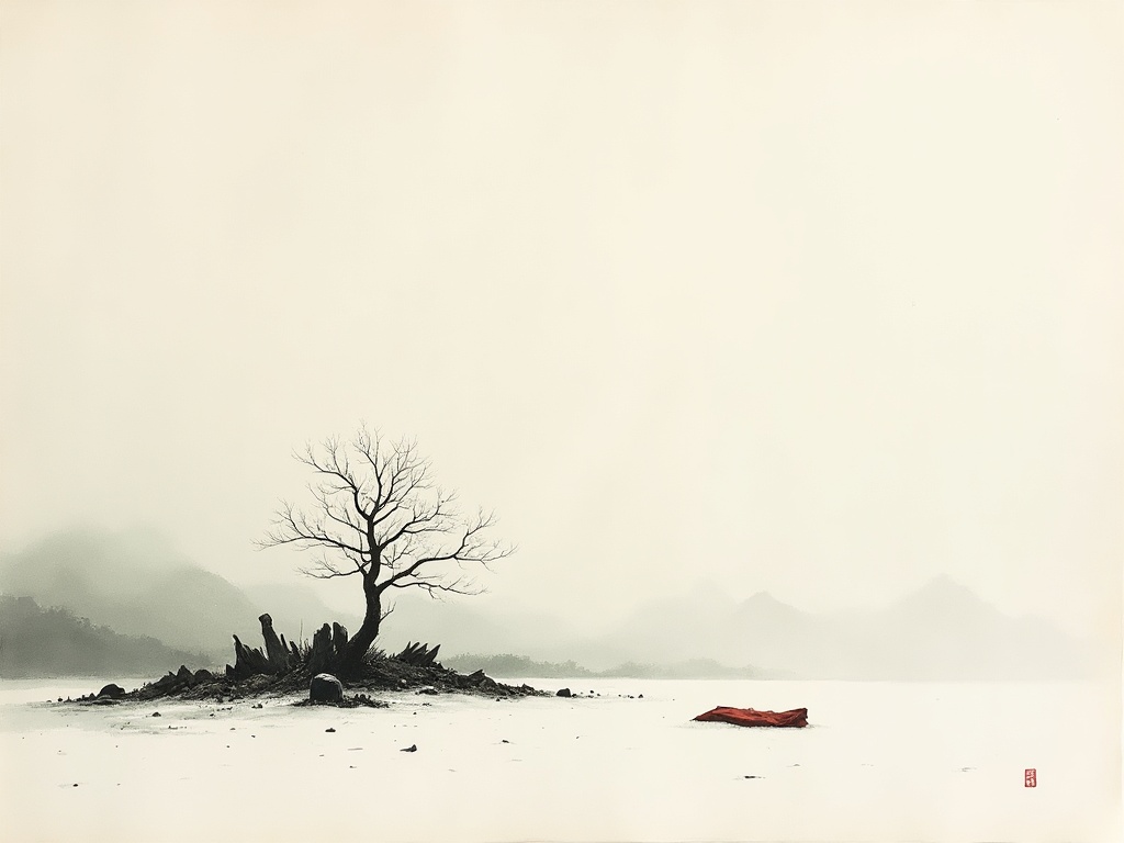 Snow falling over a quiet field of ruins and a single bare charred tree