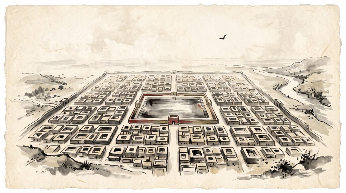 An aerial, ink-wash impression of a grid-planned ancient Indus city with a central bathing tank