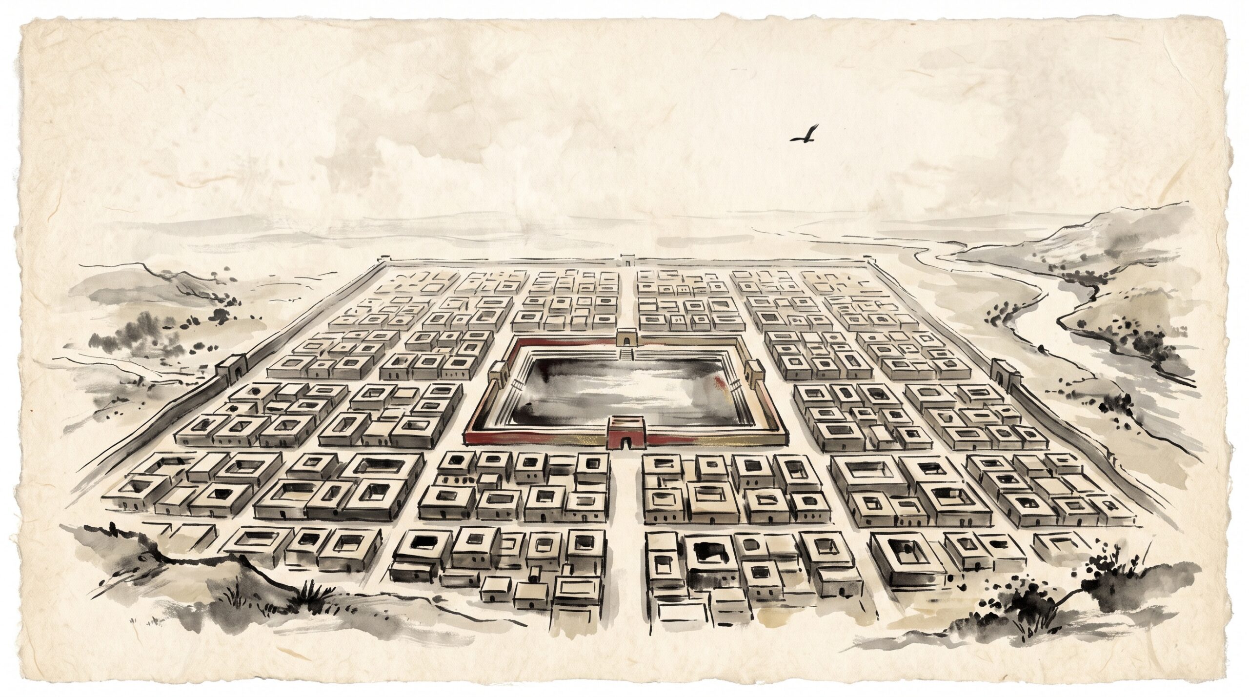 An aerial, ink-wash impression of a grid-planned ancient Indus city with a central bathing tank