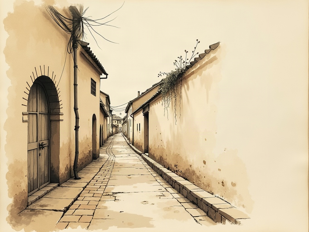 An ink illustration of a covered brick street drain in an ancient Indus city