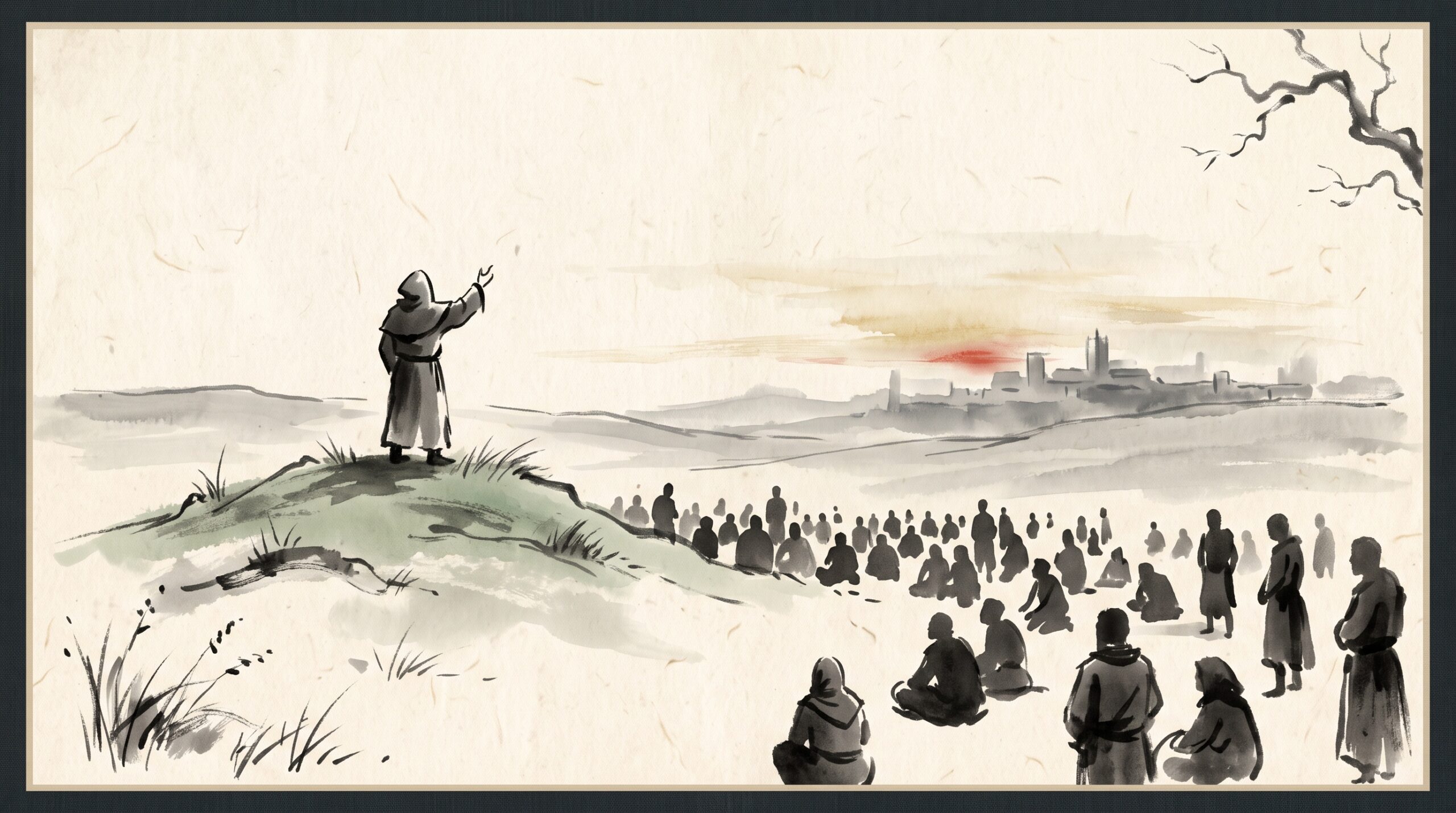 A lone preacher addressing a vast crowd of peasants on an open heath at dawn