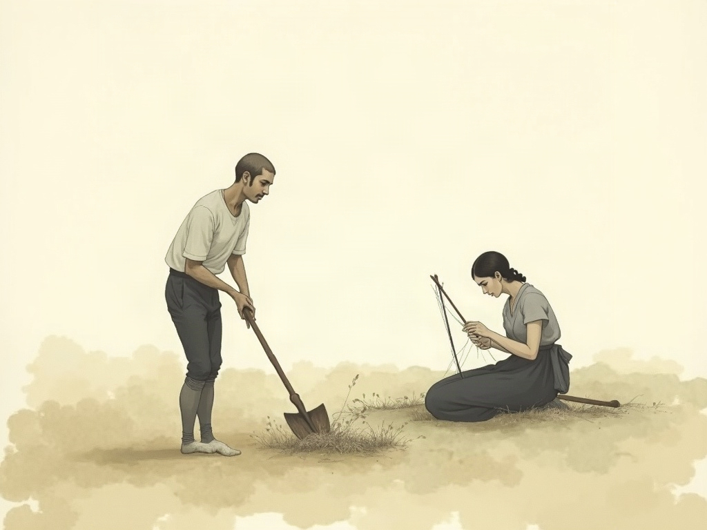 A man digging and a woman spinning — the image behind 'when Adam delved and Eve span'