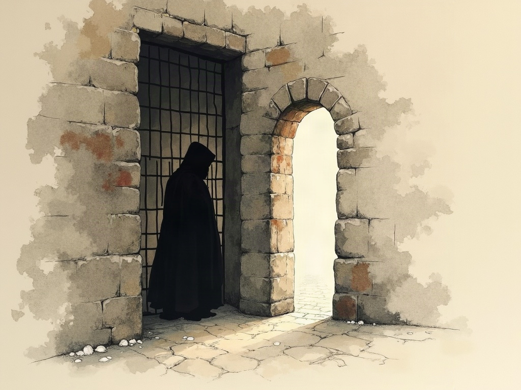A hooded prisoner behind the barred window of a stone cell