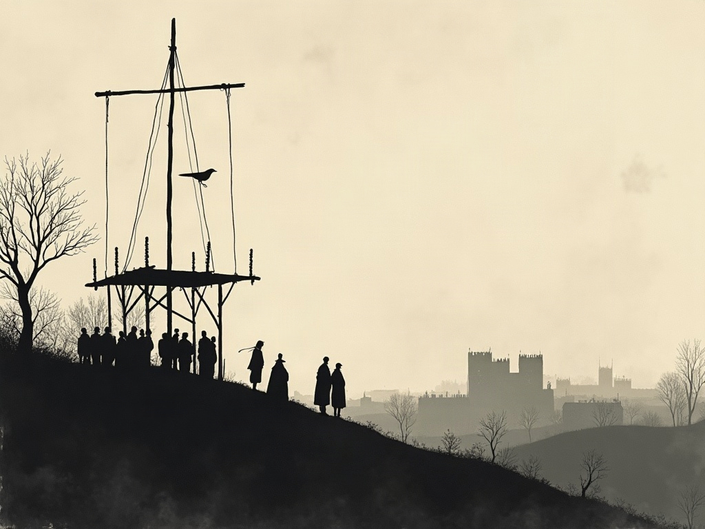 A scaffold on a hill outside a medieval abbey town at grey dawn