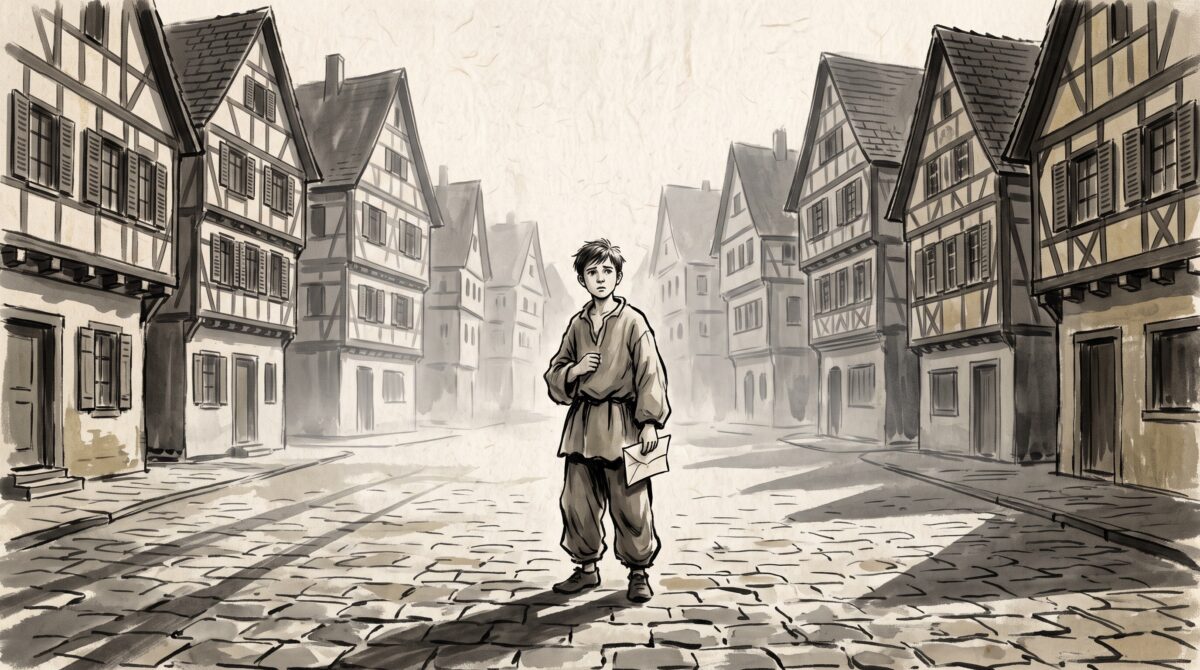 A lost teenage boy standing alone in an empty cobbled town square at dawn, holding a letter