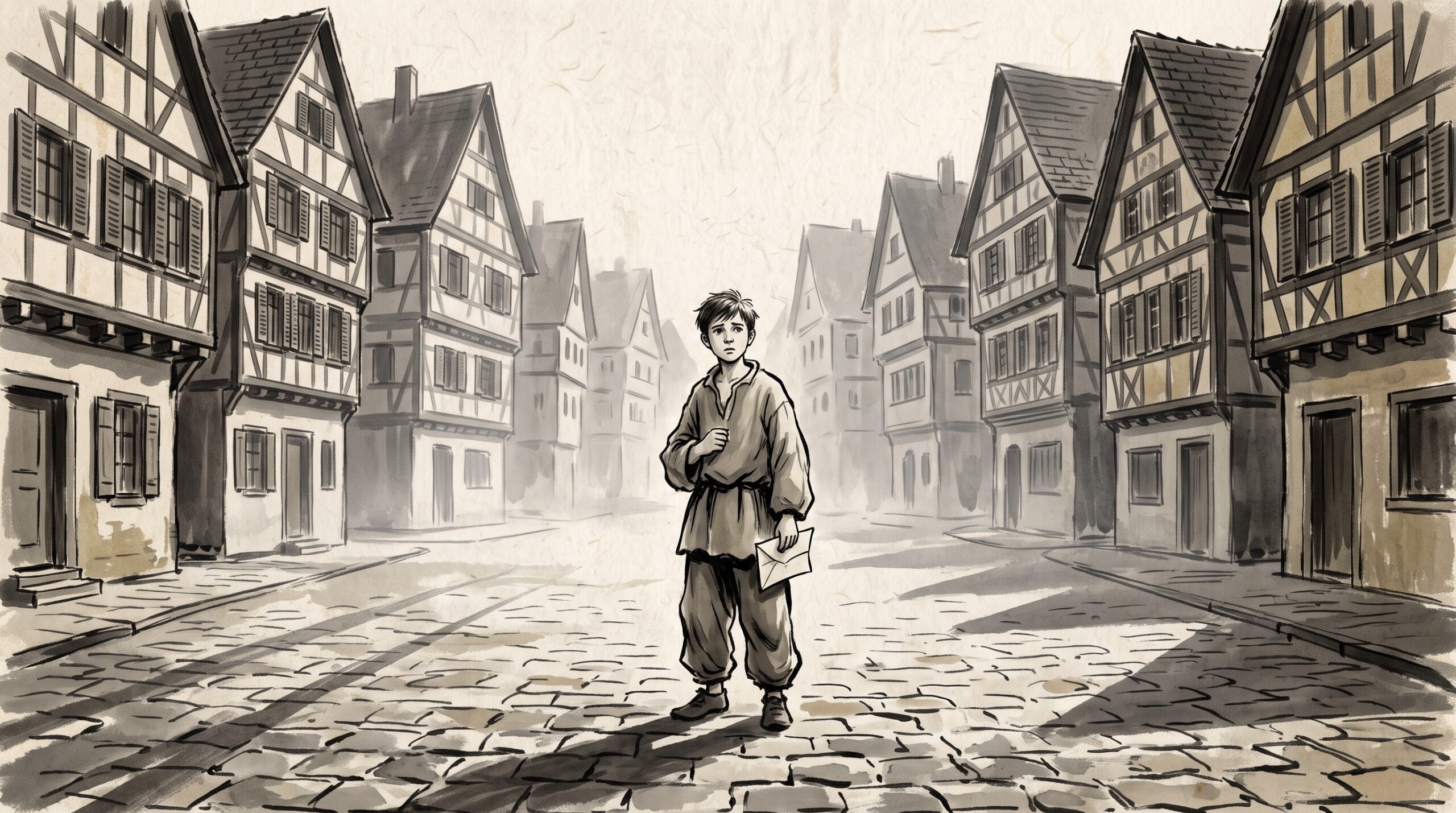 A lost teenage boy standing alone in an empty cobbled town square at dawn, holding a letter