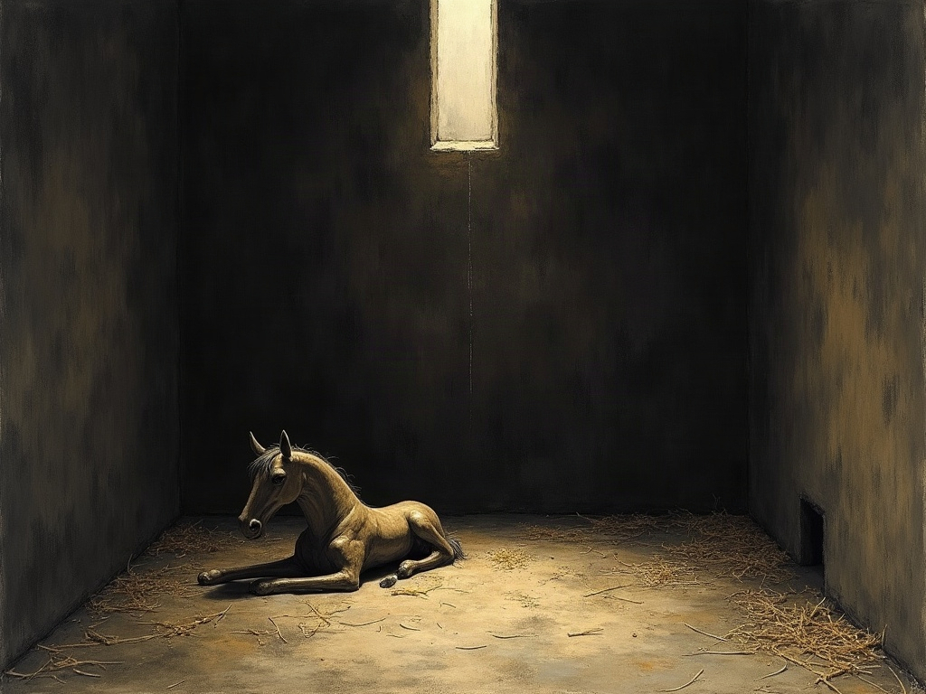 A dark bare stone cell with a thin shaft of light and a small wooden toy horse on straw