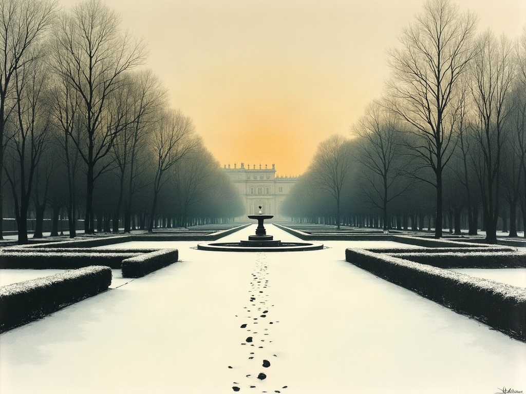 A formal palace garden under thin snow at dusk with a single line of footprints crossing an empty path