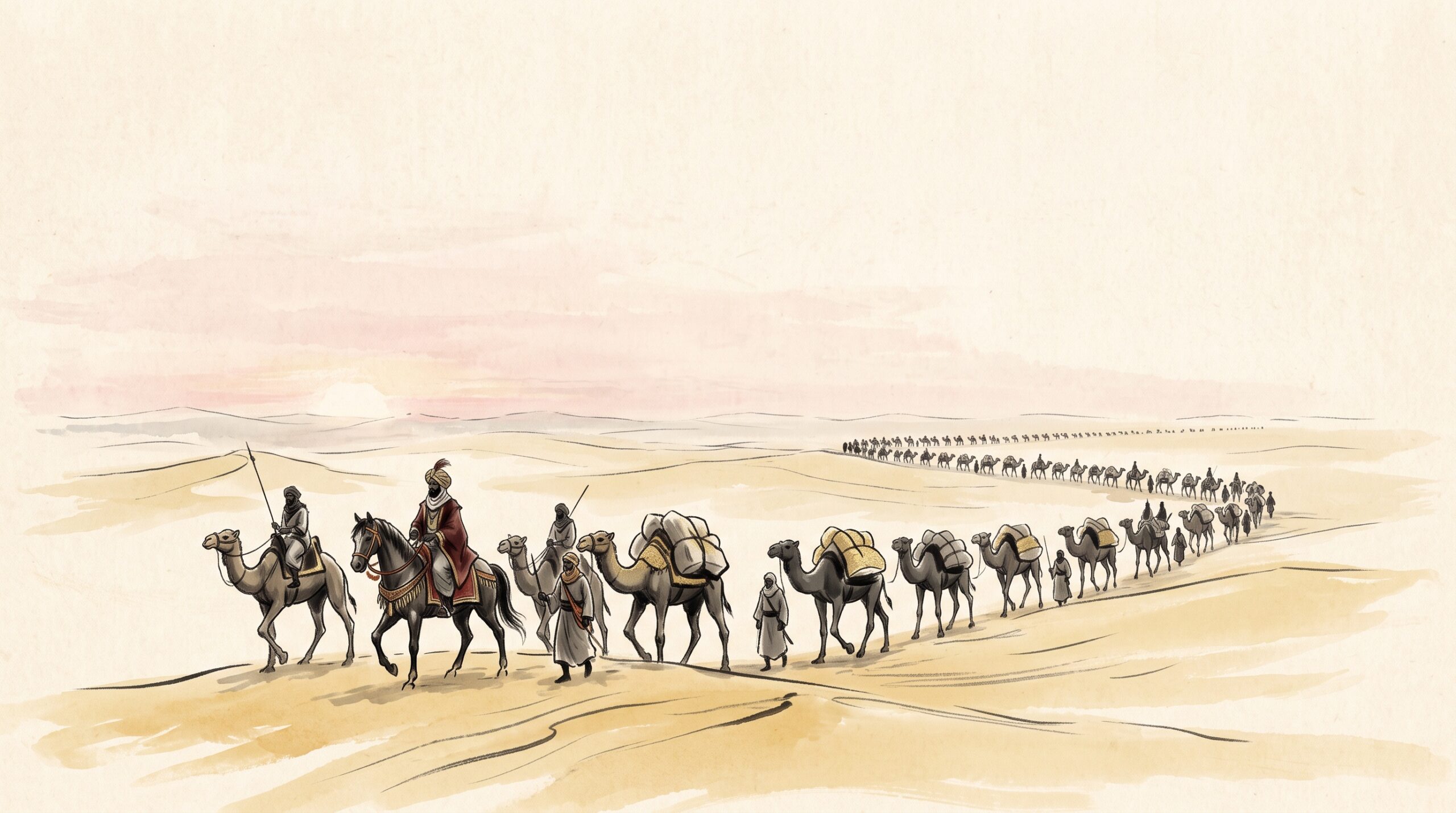 A vast caravan of camels and robed travellers crossing golden desert dunes at dawn, led by a richly dressed king