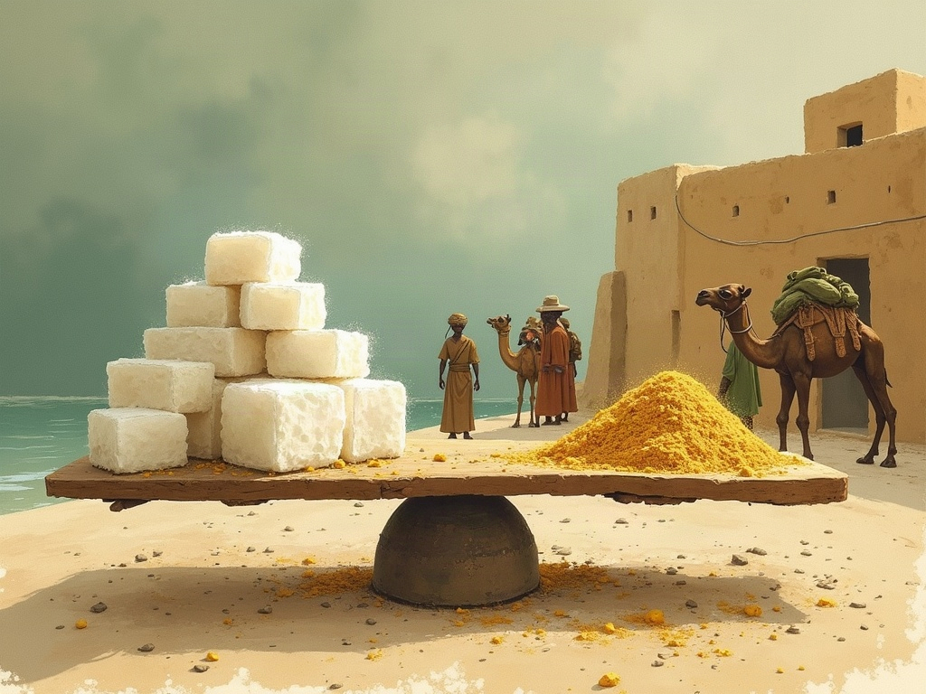 Blocks of rock salt and small piles of gold dust being weighed on a balance at a Saharan trading town