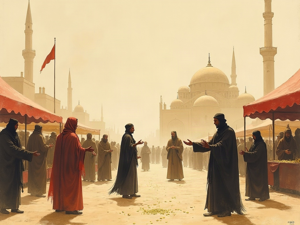 A crowded medieval Cairo market where a foreign king's servants hand out gold to outstretched hands
