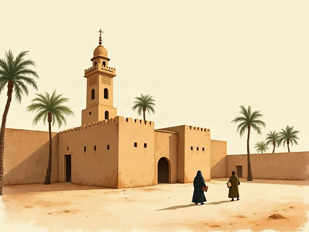 The mud-brick Djinguereber mosque of Timbuktu at golden hour with scholars carrying manuscripts across the courtyard