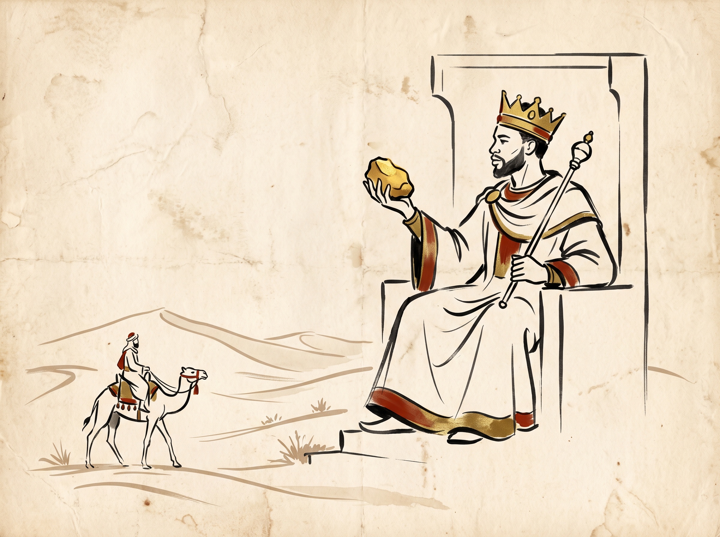 A crowned African king enthroned in profile holding up a large gold nugget, in the style of a medieval map illustration