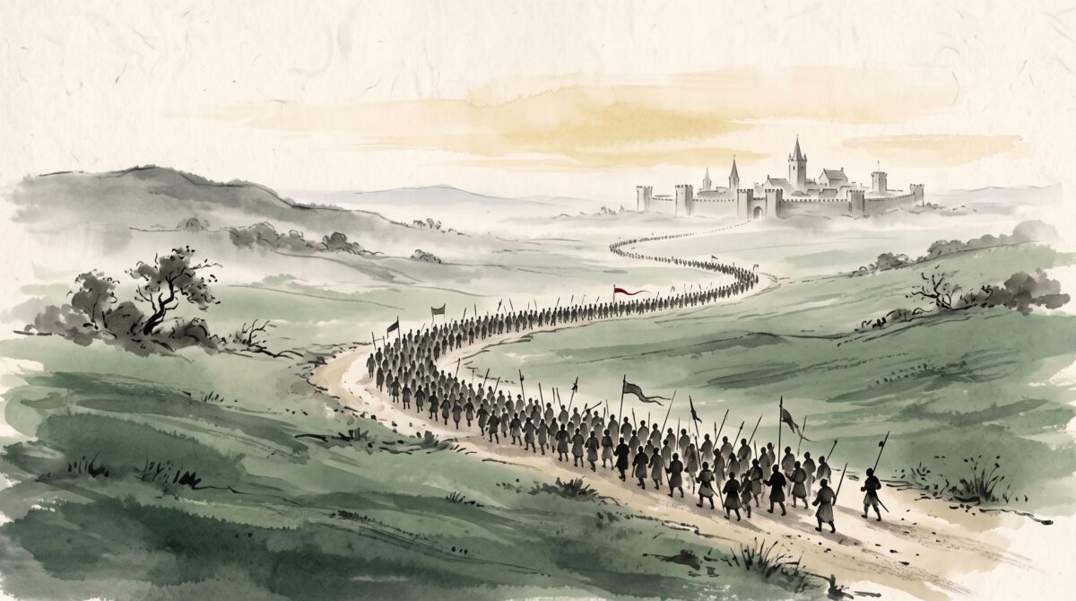 Ink-wash painting of a long column of medieval commoners marching along a road toward a distant walled city at dawn