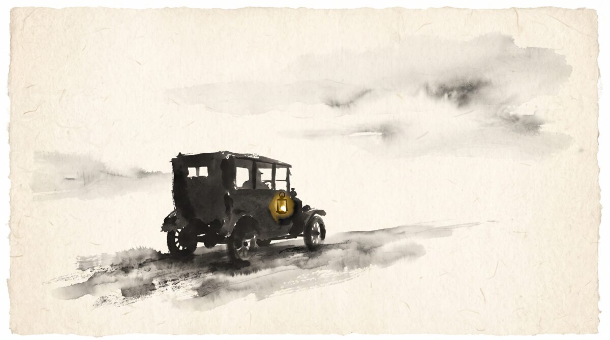 A plain early-twentieth-century motor car standing alone on an empty track