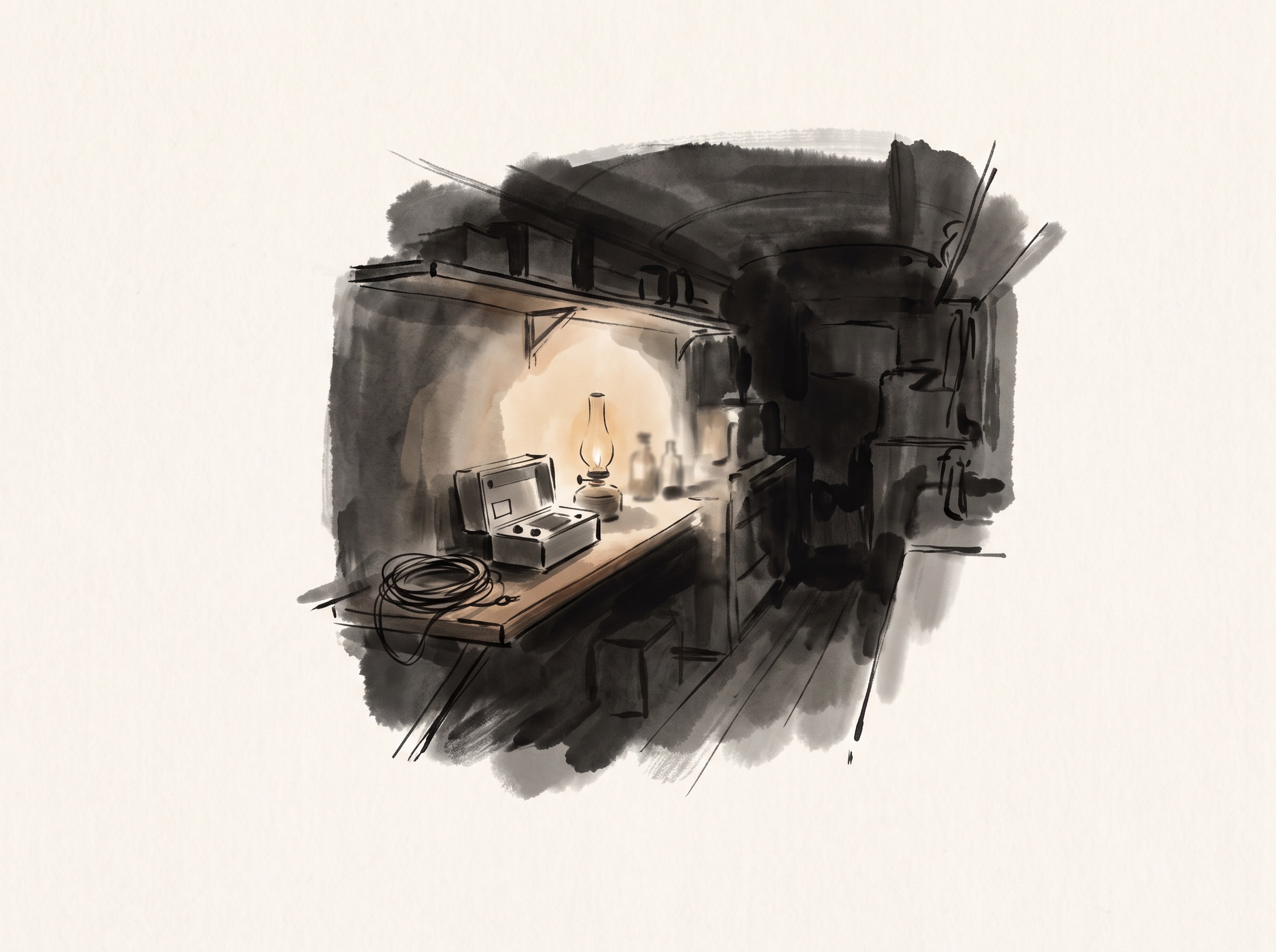The dim interior of a small mobile X-ray laboratory lit by a single lamp