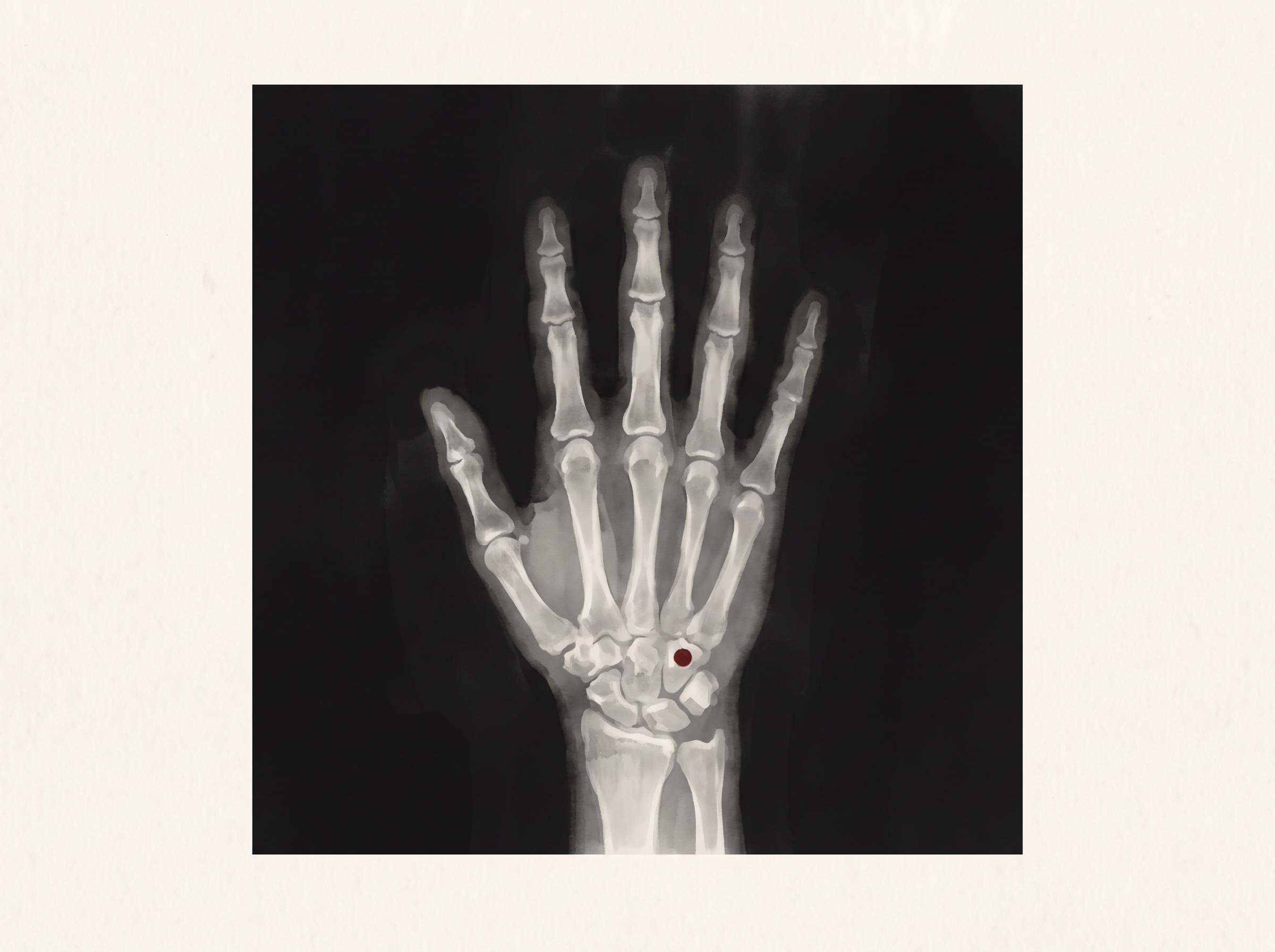 A ghostly X-ray-like image of a human hand with a small marked fragment