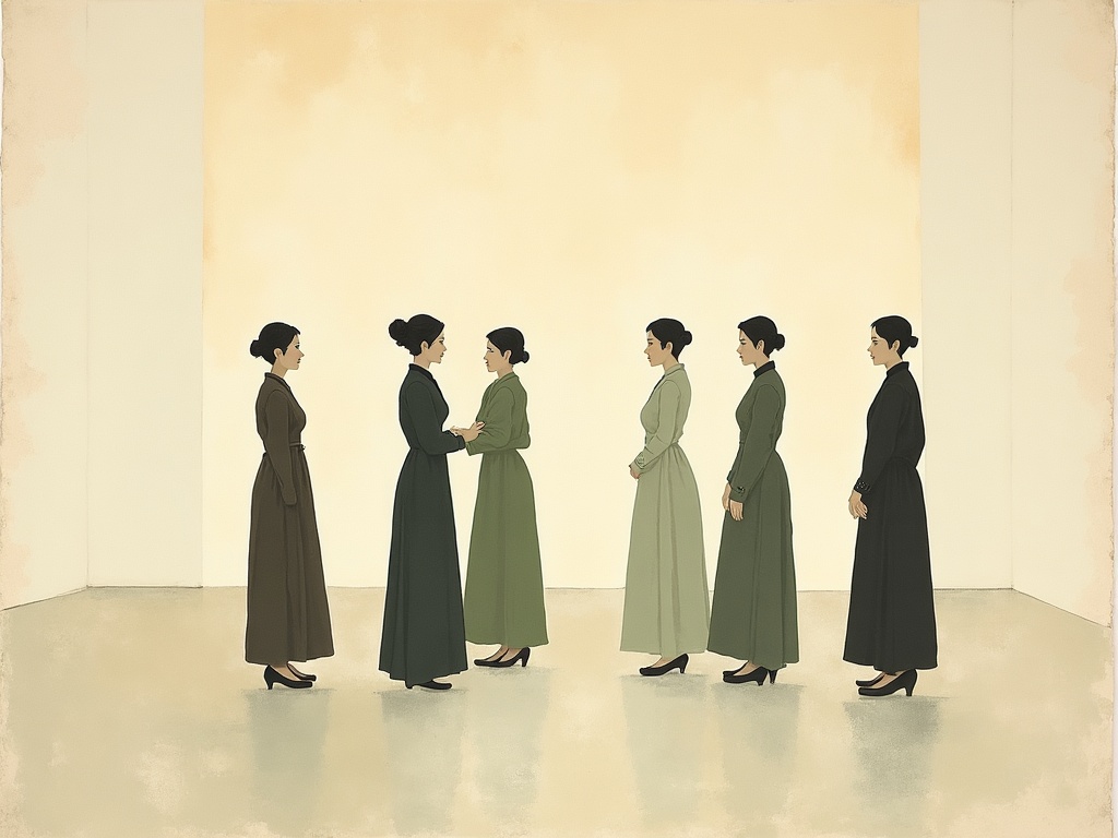 Silhouettes of early-twentieth-century women gathered as if in a training class