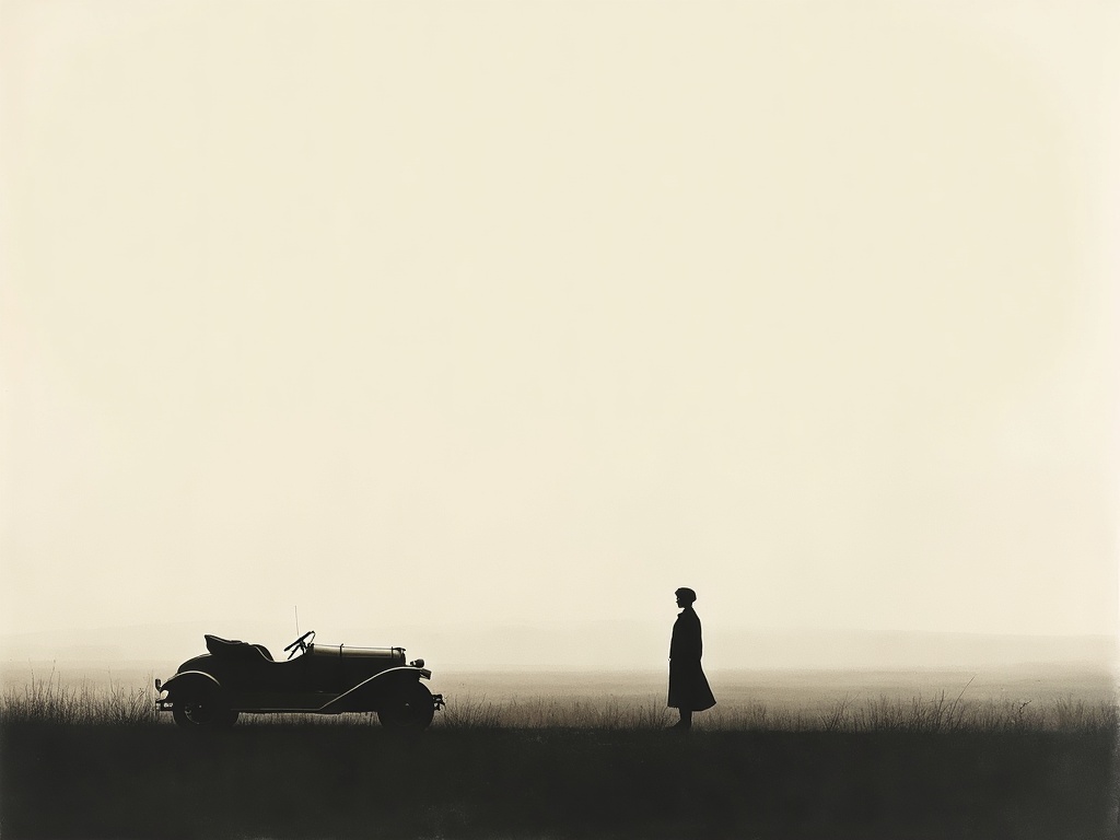A lone woman standing beside a motor car at the edge of an empty field at dawn