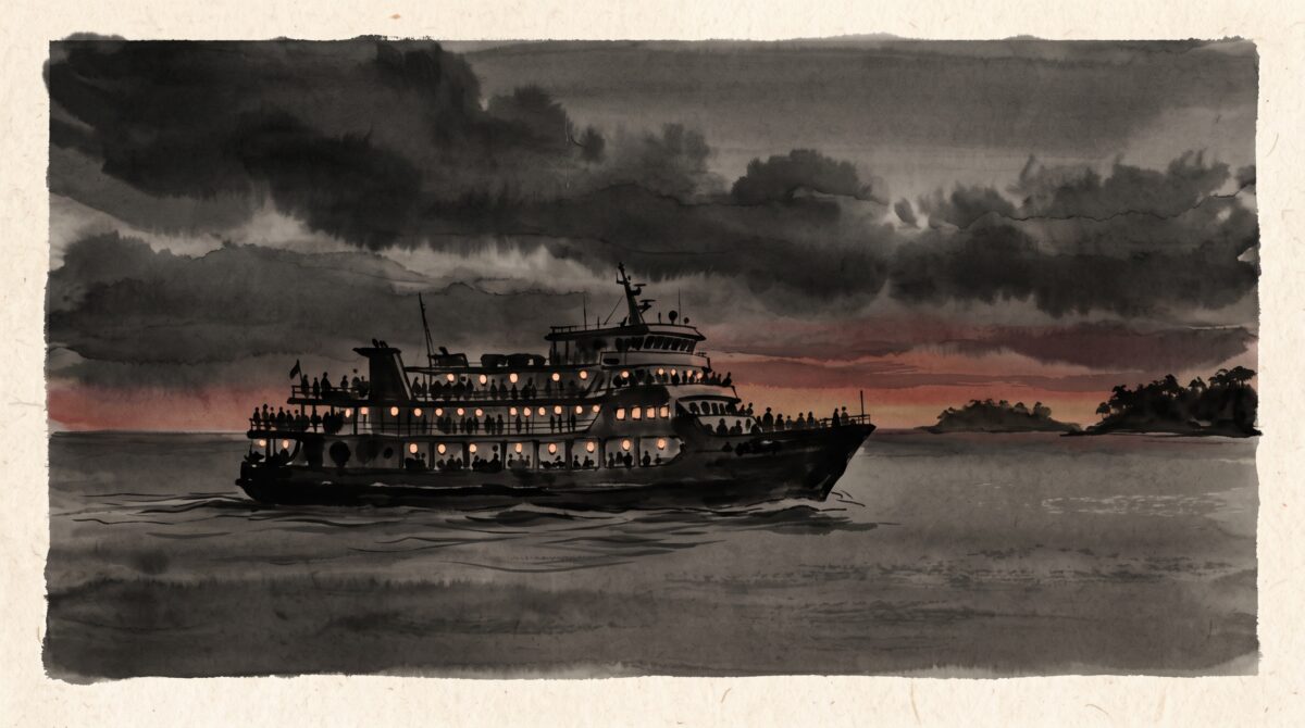 A crowded passenger ferry glowing with light on a calm sea at dusk, painted in a minimalist sumi-e style